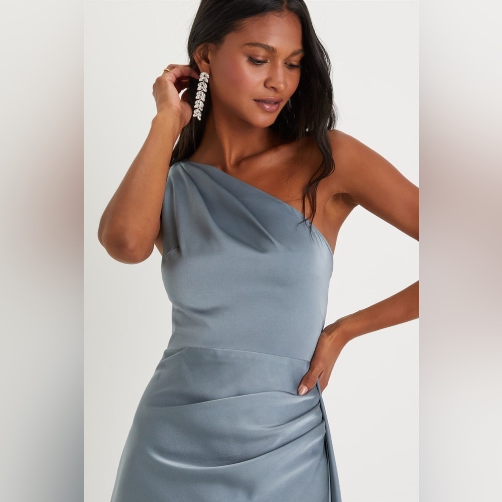 Lulus Signature Elegance Slate Blue Satin One-Shoulder Maxi Dress - Picture 4 of 8